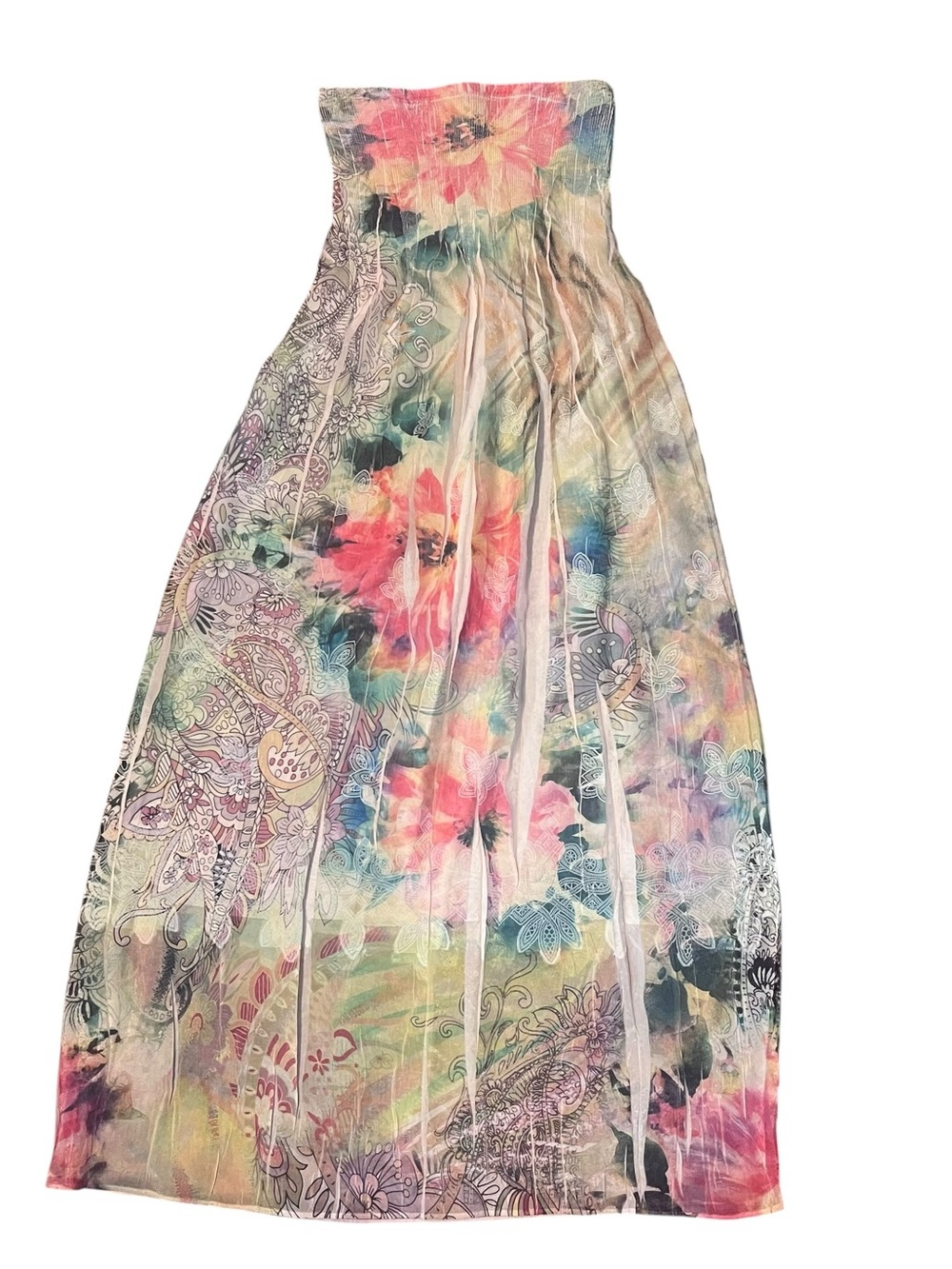 Lapis Strapless Dress Womens One Size Beige Pink Floral Boho Beach Cover Hippie